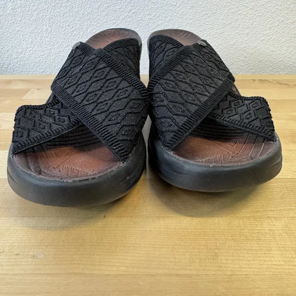 Bzees Desire Sandals Womens Sz 8.5 Black Comfort Elastic Cross Strap Wedge Slide